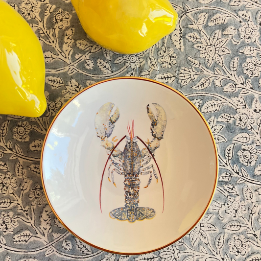 Porzellanschälchen mit Hummer- Motiv und Goldrand.