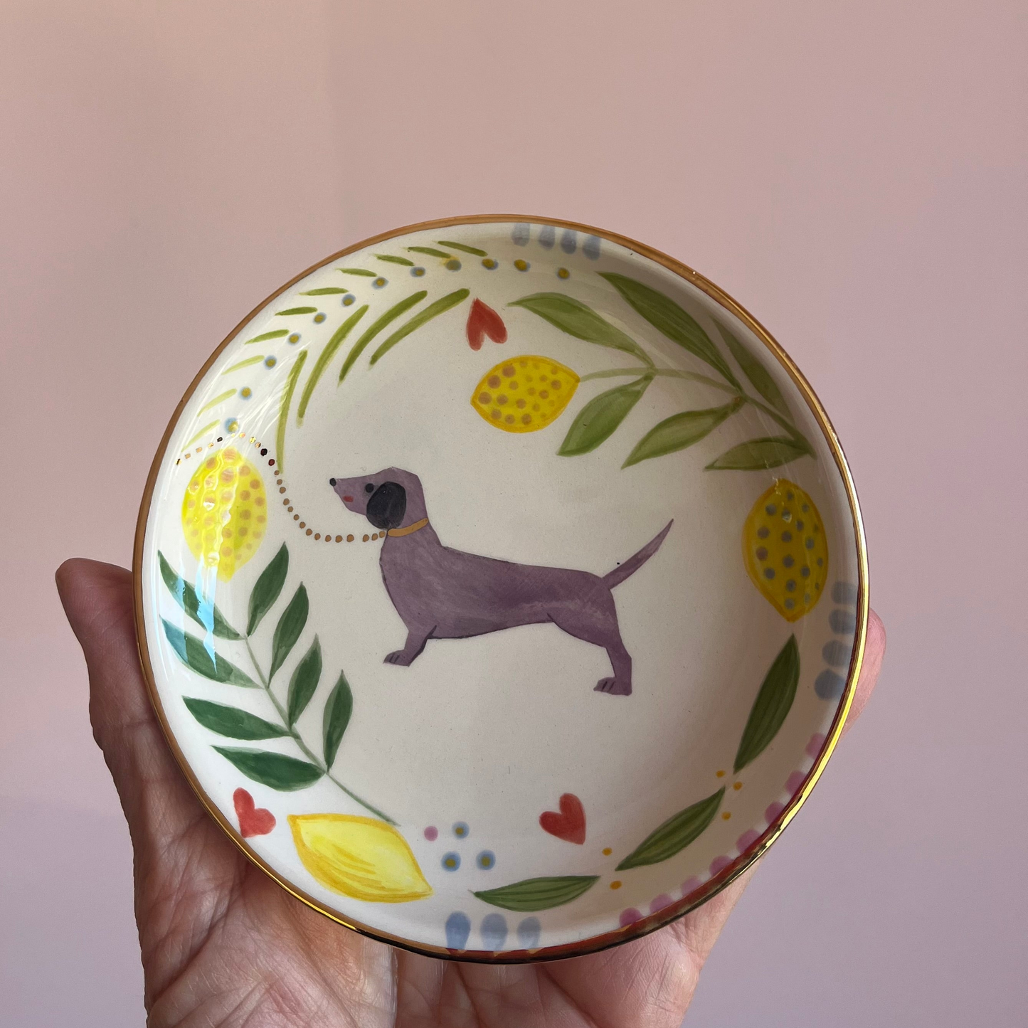 Keramikschale mit Dackelmotiv & Zitronen